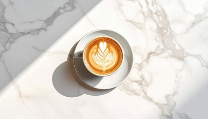 Overhead view of a creamy latte with intricate foam art placed on a marble countertop with dramatic shadows casting a diagonal line across the scene
