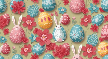 A festive Easter pattern with illustrated bunnies, decorated eggs, and colorful flowers on a light green background.