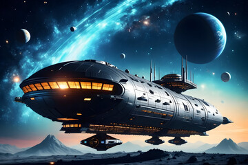 Futuristic starship under cosmic sky glowing windows deep space travel planet ring carbon hull cycle of orbit molecular detail serene awe