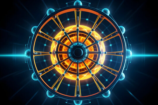 Futuristic energy wheel glows with carbon detail as spokes align in symmetric cycle around radiant core with molecular nuance and sci fi precision