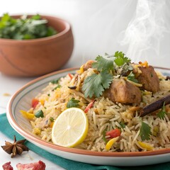 biryani rice with spices, meat, and herbs in a copper pot
