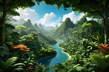Rainforest river valley lush green tropical jungle canopy carbon cycle molecular harmony under blue sky
