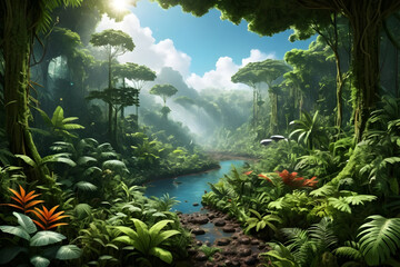 Lush rainforest river jungle landscape carbon rich cycle life with molecular detail sunlight mist calm mood with vibrant green foliage and water