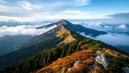 Obraz premium Panoramic Autumn Mountain Ridge with Golden Hour Light and Wispy Clouds in a Vast Landscape