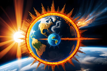 Fiery carbon cycle encircles Earth in space as molecular energy surges, dramatic sunlight and comets intensify global climate concept with awe