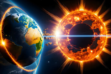 Fiery sun blue earth cosmic orbit solar flare space glow energy beam dramatic sky carbon cycle molecular wonder