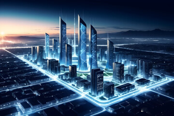 Futuristic skyline smart city neon light night skyscraper glass tower cyberpunk energy grid carbon cycle molecular harmony shapes serene vision