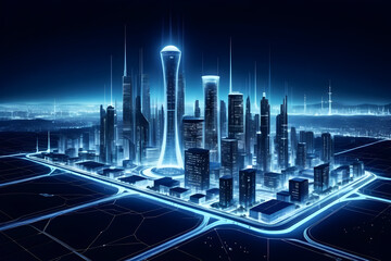 Futuristic cityscape night skyline with neon glow, smart grid streets, sleek towers echo carbon cycle in molecular harmony, calm and visionary vibe