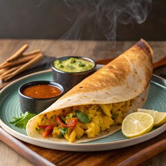 masala dosa with potato filling, served with chutney and sambar
