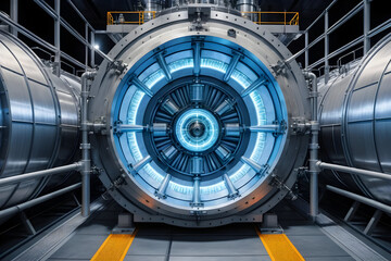 Futuristic reactor core glow shows carbon cycle motion with molecular detail, metallic symmetry, blue energy ring, industrial chamber
