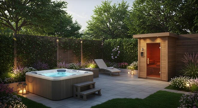 Luxury Backyard Oasis: Hot Tub and Sauna Retreat with Garden Ambiance