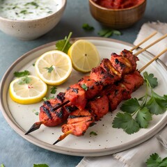 Tandoori chicken marinated in yogurt and spices, grilled in clay oven, Indian cuisine
