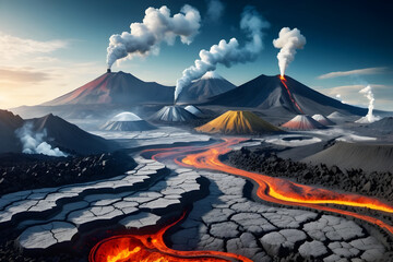 Volcanic landscape with lava flow, cracked earth, smoke plume, ash cloud, fiery glow, rugged terrain, carbon cycle with molecular awe