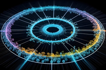 Carbon cycle molecular diagram glow, circular network ring, neon gradient, data art, science concept, ecosystem balance, abstract sphere harmony