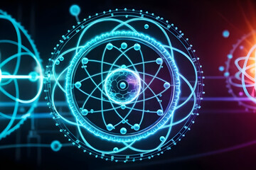 Glowing atomic diagram with neon orbit, carbon atom concept, energy cycle motif, molecular network, futuristic science art in electric blue mood