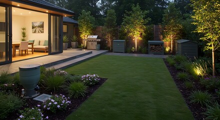Obraz premium Modern Backyard Oasis with Outdoor Living and Garden Lighting at Dusk