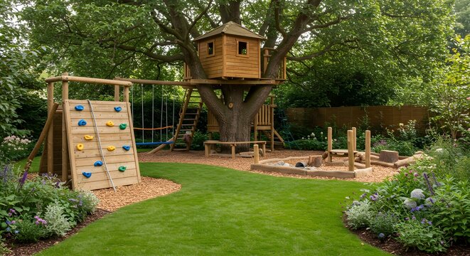 Wooden Treehouse and Playground in Lush Garden with Flowers