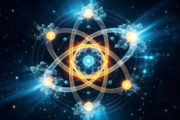 Atomic structure glow energy, particle orbit fusion, carbon cycle molecular harmony in space, science art vision with cosmic wonder