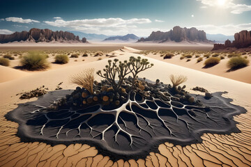 Arid desert ecosystem with cracked soil and roots showing carbon cycle molecular flow, dry dunes and shrubs bright sun, serene and resilient mood