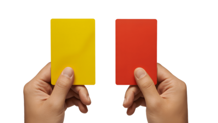 Hands holding yellow and red cards isolated on transparent background