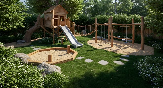 Wooden Treehouse Playground with Slide and Swings in Lush Garden - Powered by Adobe