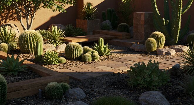 Desert Oasis Garden with Cacti, Agave, Wooden Decking and Stone Accents