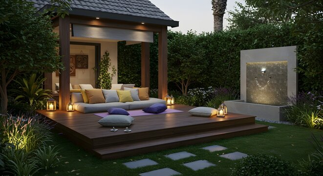 Tranquil Outdoor Lounge with Waterfall and Meditation Area at Dusk