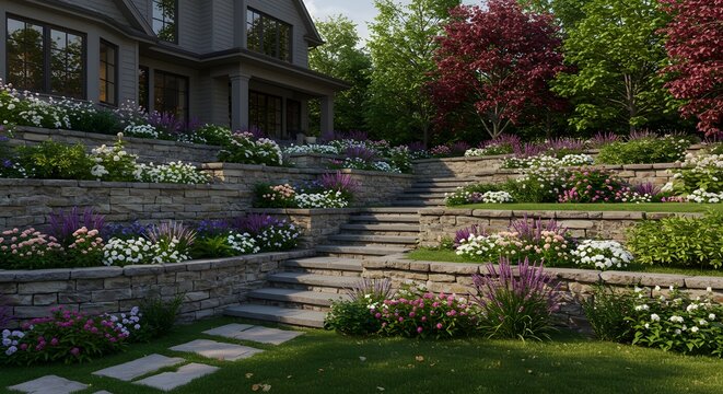 Luxurious Modern House with Tiered Stone Garden and Vibrant Flowers