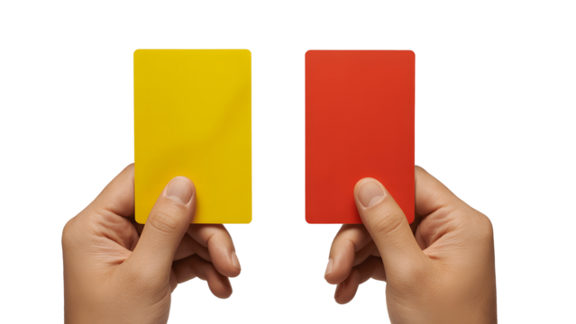 Hands holding yellow and red cards isolated on transparent background