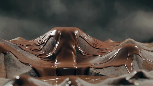 non-representational  smoothly shaped mound or undulation resembling flowing liquid derived from cocoa beans  set against a deep chocolate-colored backdrop. A gently sloping background scene. A path