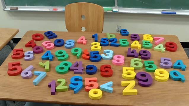 educational arrangement of numeracy aids displayed on a surface crafted from