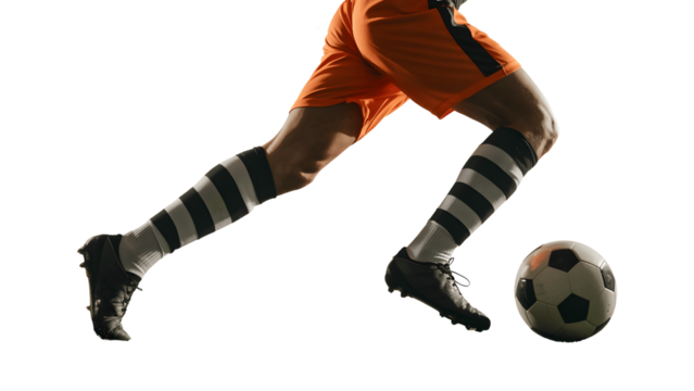 Soccer player dribbling the ball isolated on transparent background