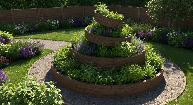 Spiral Raised Garden Bed with Lavender and Greenery