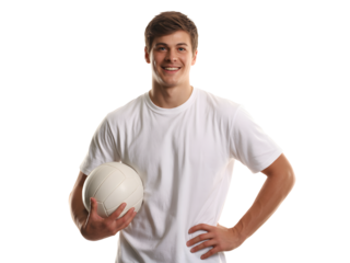 Smiling man holding soccer ball isolated on transparent background