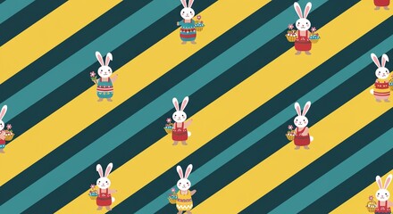 Seamless pattern with cute Easter bunnies holding baskets with eggs on a diagonal striped background.