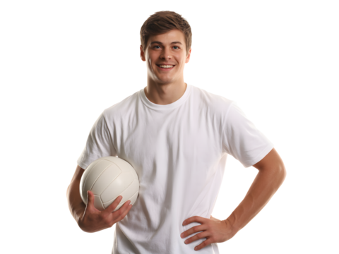 Smiling man holding soccer ball isolated on transparent background