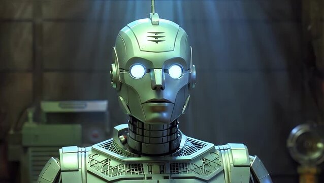 biomechanical humanoid entity featuring illumination reminiscent of a distinctive blue-green color scheme popular during a specific decade  viewed from the