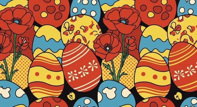 A vibrant seamless pattern of decorated Easter eggs and red poppy flowers in a retro folk art style.