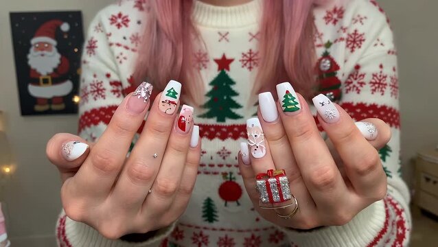 Nail Art Design Featuring Christmas Theme Motifs with Holly Berries and Green