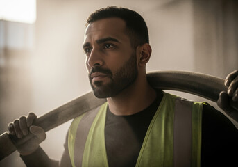 Determined construction worker wearing protective neon vest stands indoors confidently holding heavy industrial hose over shoulder in sunlight, focused on challenging project
