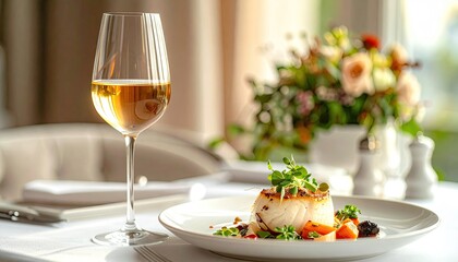 Elegant Dining Experience White Fish Fillet with Garnish and White Wine Pairing in Soft Natural Light