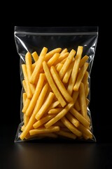 Golden, crispy French fries fresh from the fryer, packaged for a quick snack or convenient side perfect for fast food marketing
