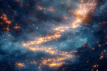 Fototapeta premium 幻想的な光が舞う夜の森の小径と発光する霧の神秘的な風景