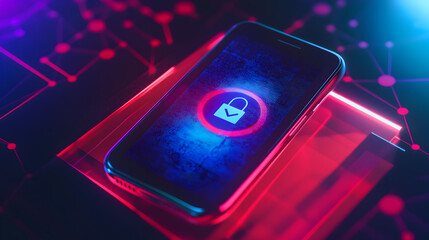 Smartphone displaying a padlock icon representing digital security and data protection in a neon lit tech environment for cybersecurity awareness