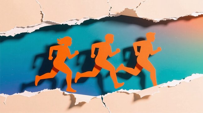 Three orange paper-cut runners sprint across a torn-paper landscape, blending motion and creativity with vibrant gradients of blue and teal beneath them.