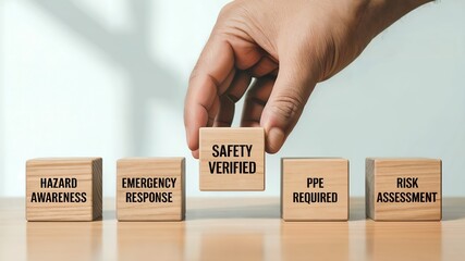 Conceptual image showing wooden blocks with safety related phrases and hand placing block.
