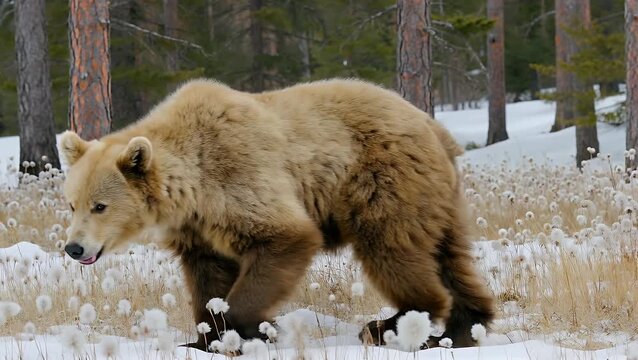 young omnivorous mammal of the species Ursus arctos ambulating through a field of flowering cotton grass within a boreal forest