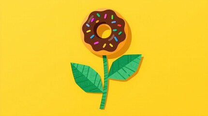 A whimsical cartoon donut flower with chocolate icing and rainbow sprinkles, growing on a green stem with leaves against a bright yellow background. Sweet and playful!
