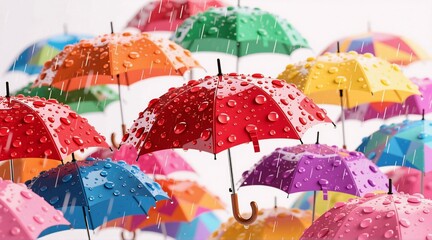 A vibrant, rain-soaked scene featuring a colorful array of umbrellas in red, blue, green, yellow, and purpleeach dotted with glistening water droplets under falling raindrops against a bright white ba