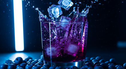 Modern Refreshing Blueberry Drink with Ice Cube Splash in a Glass